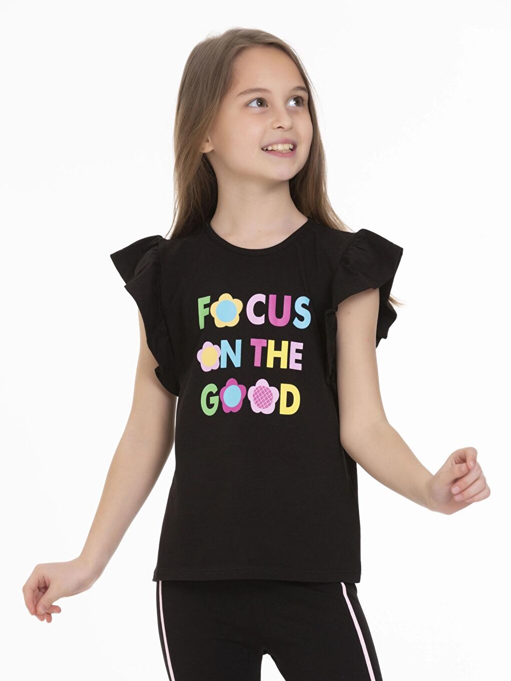 Siyah Focus Baskılı Fırfırlı Tişört 6960