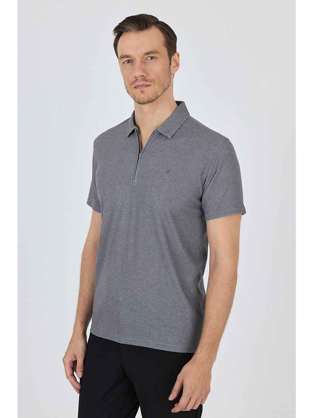 Koyu Antrasit Polo Yaka Kısa Kol Cepsiz Slim Fit Classic Tişört 1011250176-2