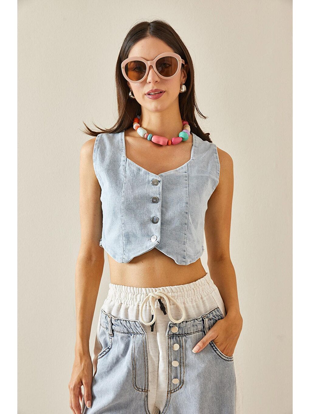 XHAN Buz Mavisi Denim Crop Yelek - 1