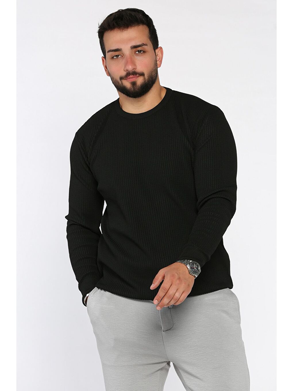 Siyah Erkek Bisiklet Yaka Örme Triko Kazak-1