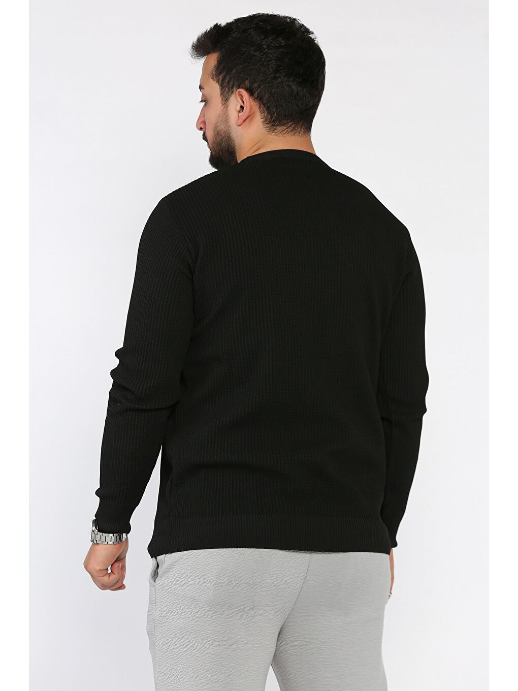 Siyah Erkek Bisiklet Yaka Örme Triko Kazak-2