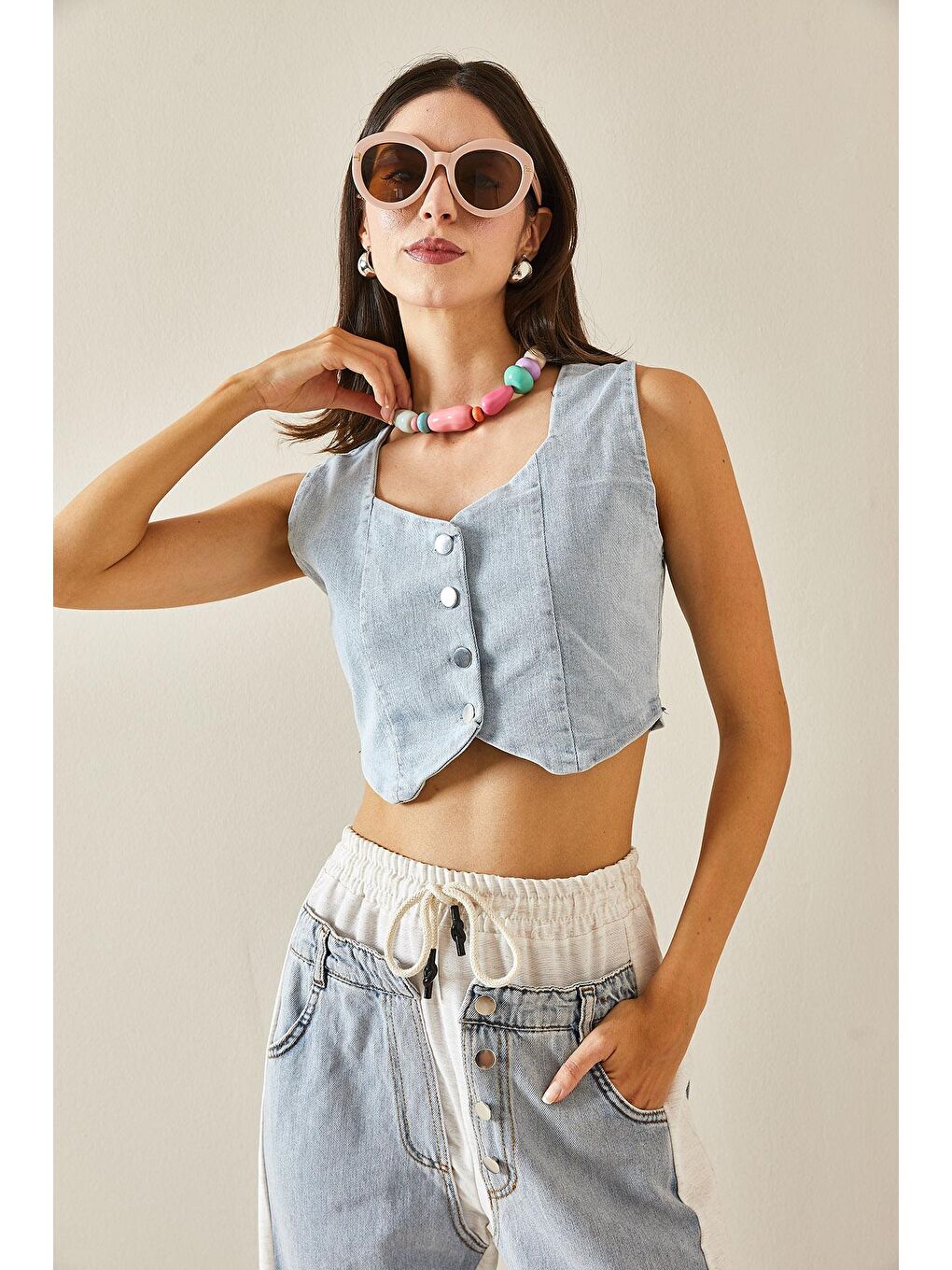 XHAN Buz Mavisi Denim Crop Yelek - 2