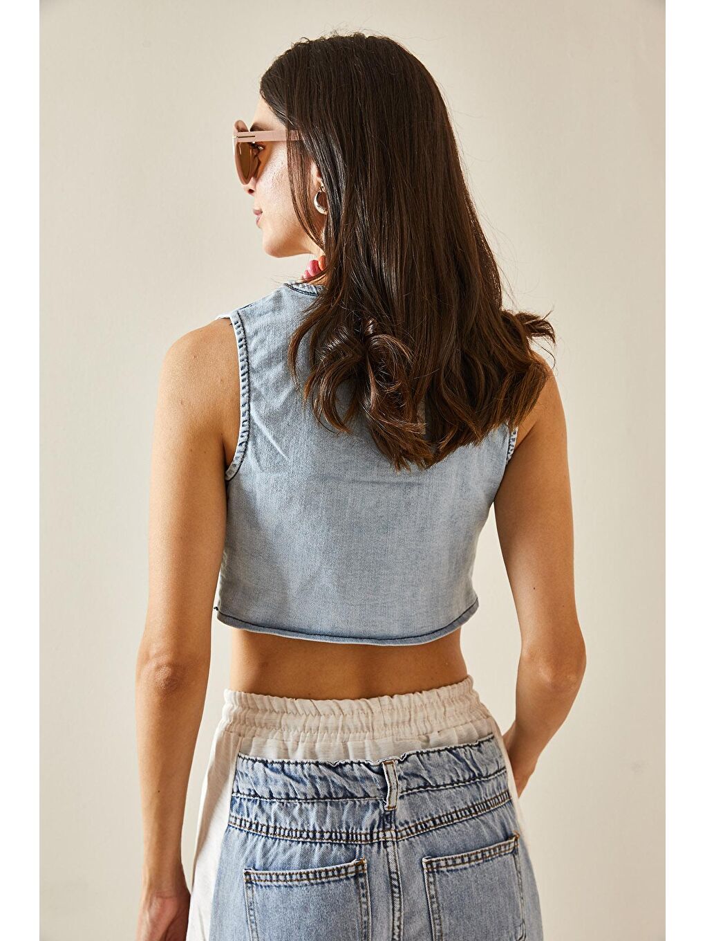 XHAN Buz Mavisi Denim Crop Yelek - 3