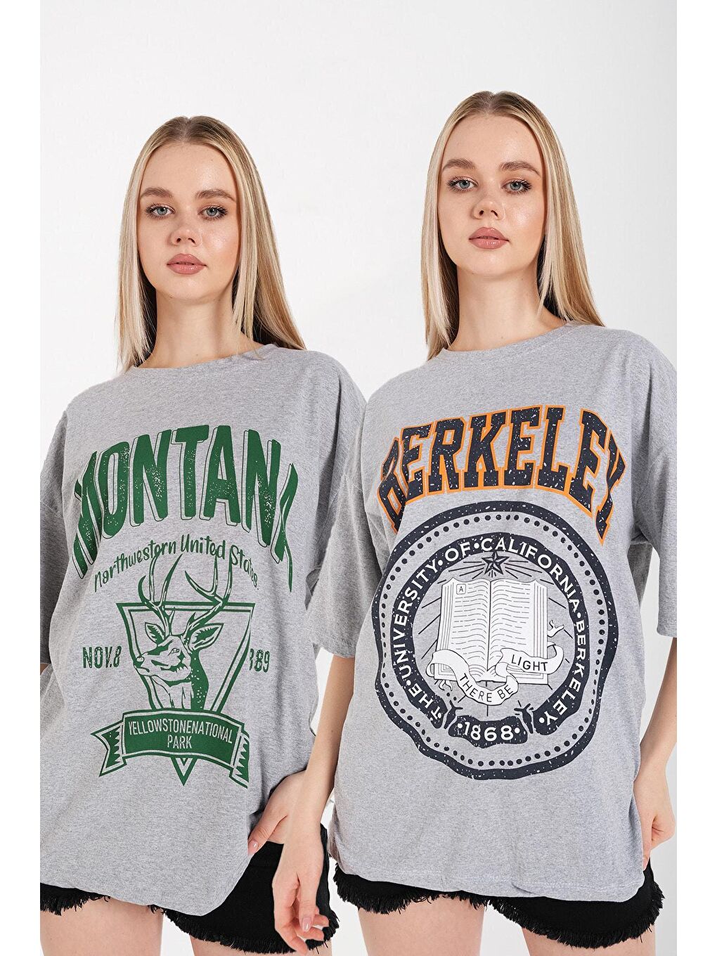 Trendseninle Gri Kadın 2'li Set Oversize Baskılı Tişört Berkeley+montana