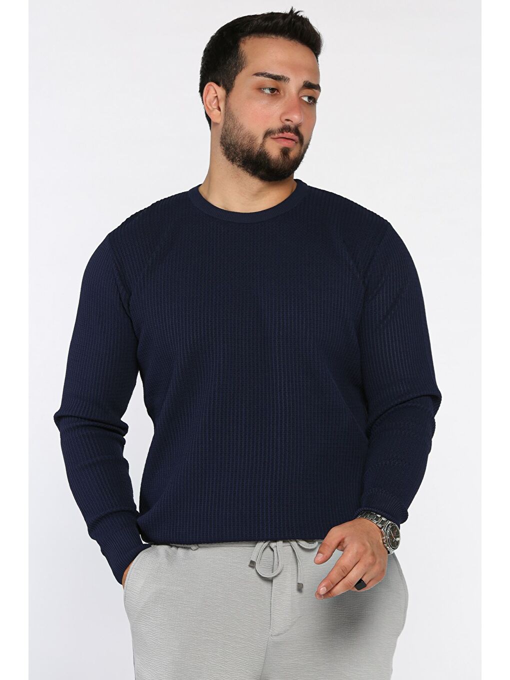 Lacivert Erkek Bisiklet Yaka Örme Triko Kazak-1