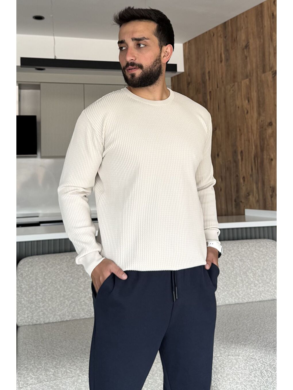 Bej Erkek Bisiklet Yaka Örme Triko Kazak