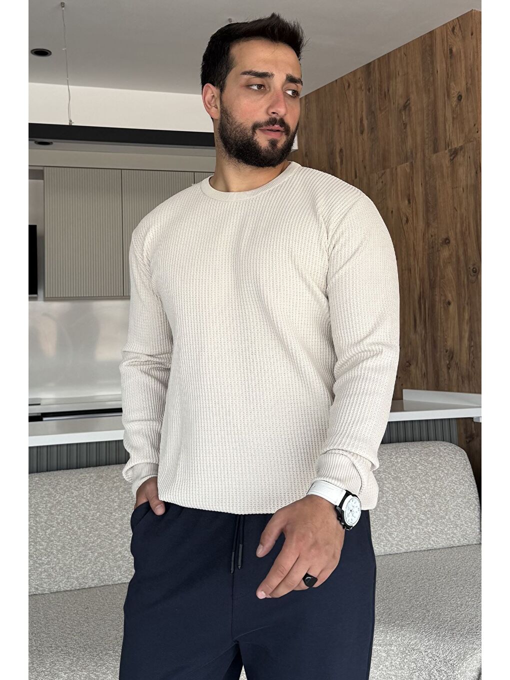 Bej Erkek Bisiklet Yaka Örme Triko Kazak-1