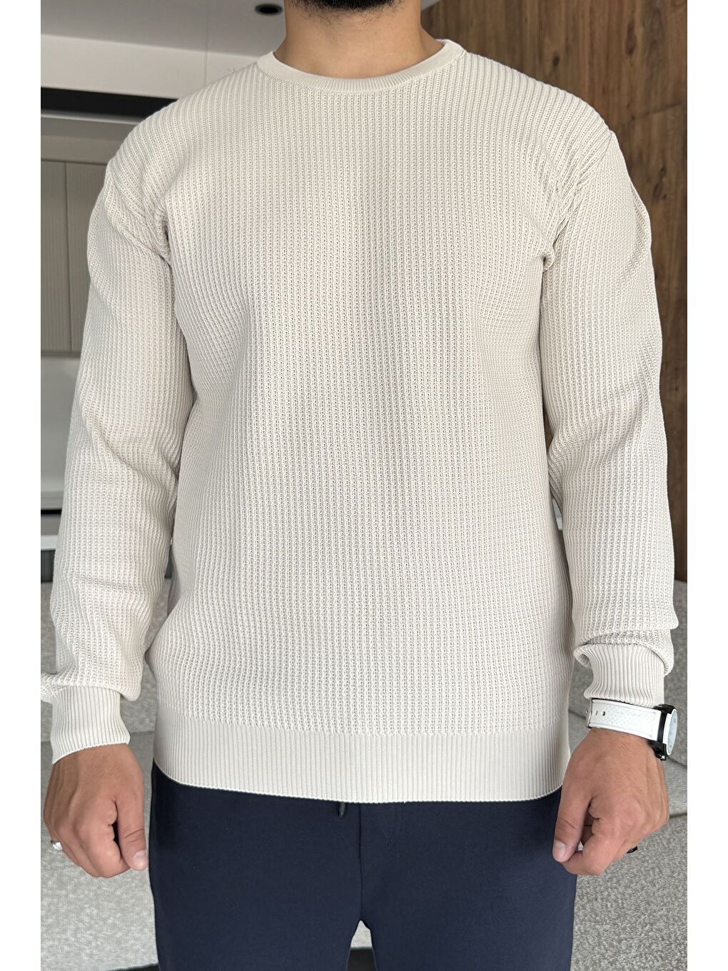 Bej Erkek Bisiklet Yaka Örme Triko Kazak-2