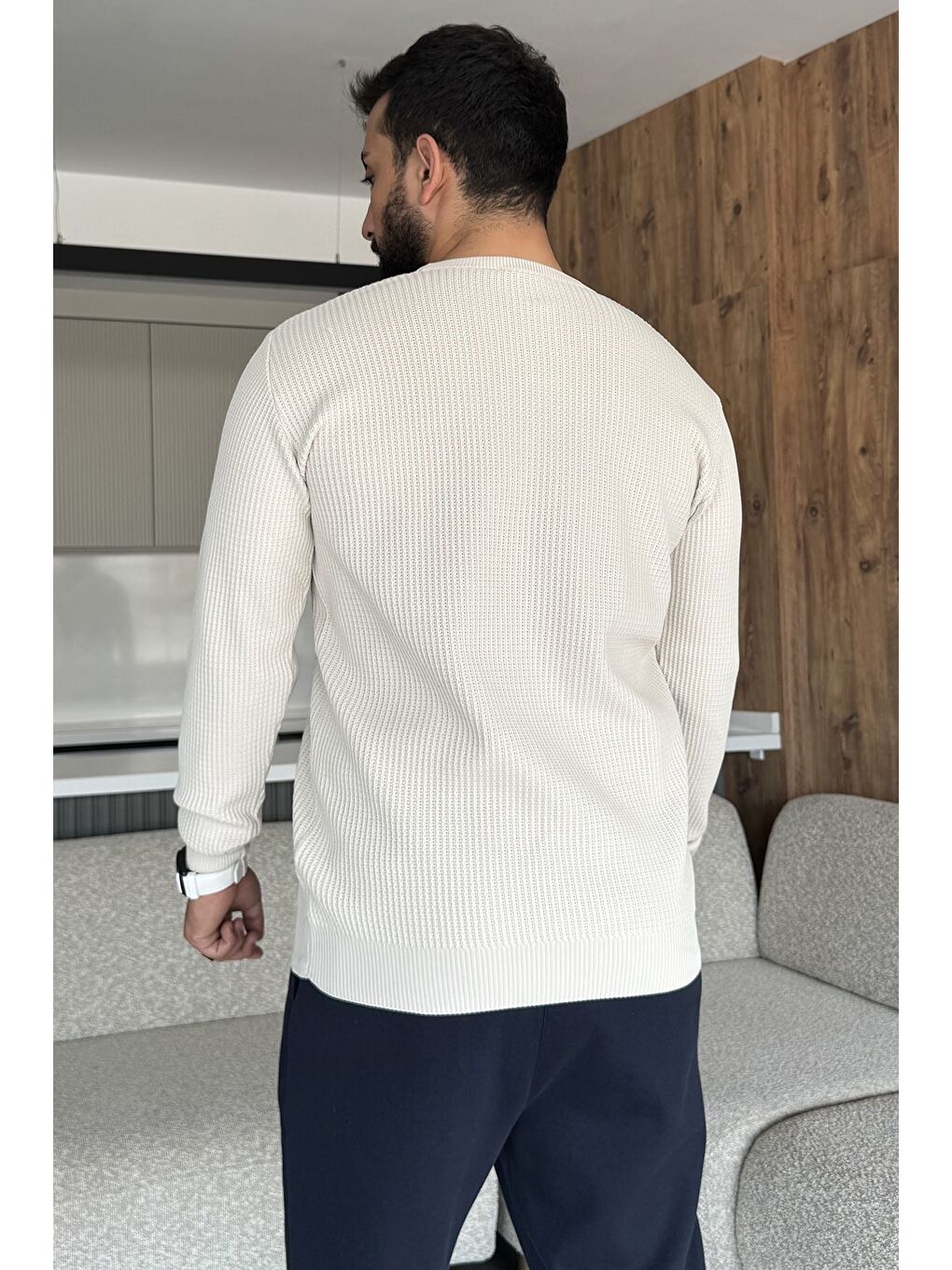 Bej Erkek Bisiklet Yaka Örme Triko Kazak-3