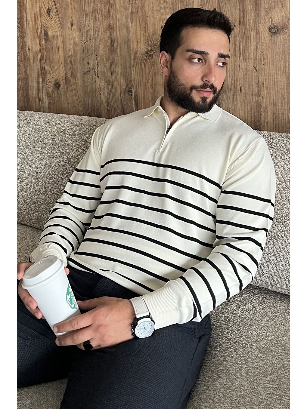 Ekru Erkek Polo Yaka Yarım Fermuarlı Çizgi Desenli Triko Kazak