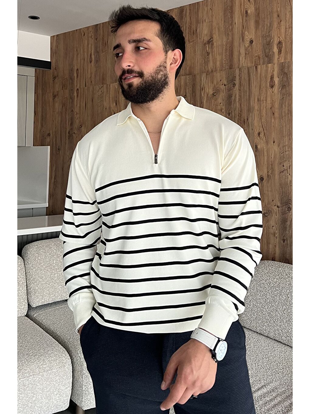 Ekru Erkek Polo Yaka Yarım Fermuarlı Çizgi Desenli Triko Kazak-1