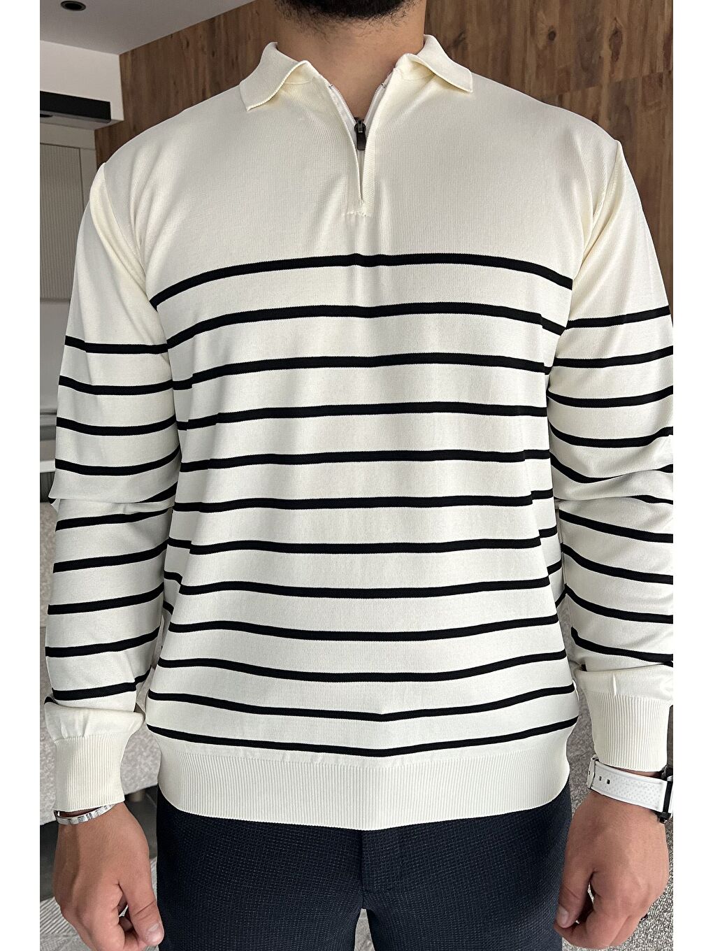Ekru Erkek Polo Yaka Yarım Fermuarlı Çizgi Desenli Triko Kazak-2