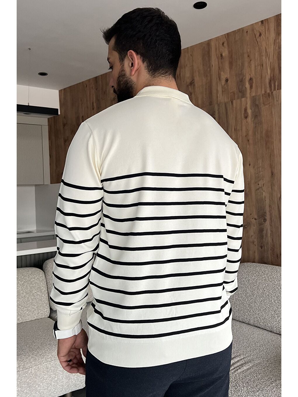Ekru Erkek Polo Yaka Yarım Fermuarlı Çizgi Desenli Triko Kazak-3