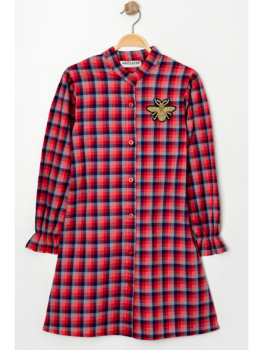 Kırmızı Kız Çocuk Broş Nakış Detaylı Ekose Desenli Elbise P1001