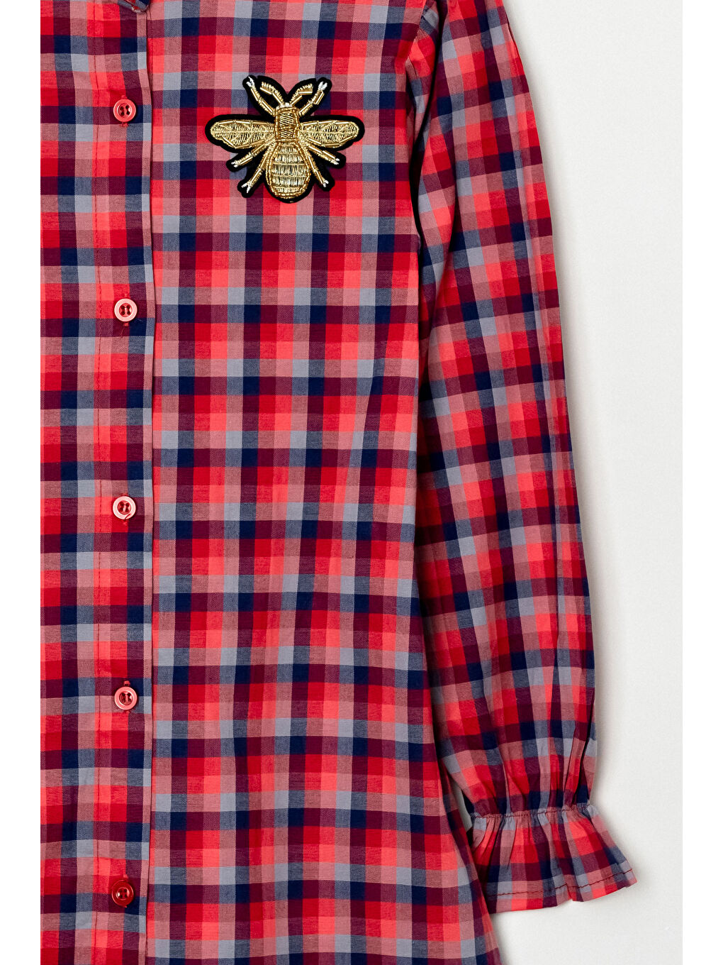 Kırmızı Kız Çocuk Broş Nakış Detaylı Ekose Desenli Elbise P1001-1