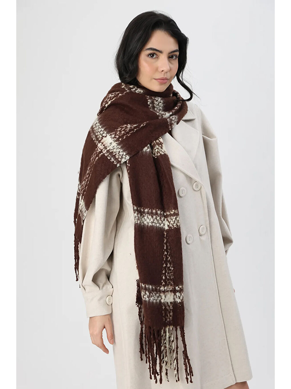 Ekose Desenli Atkı Omuz Şalı 45x200 cm 1294 Kahverengi