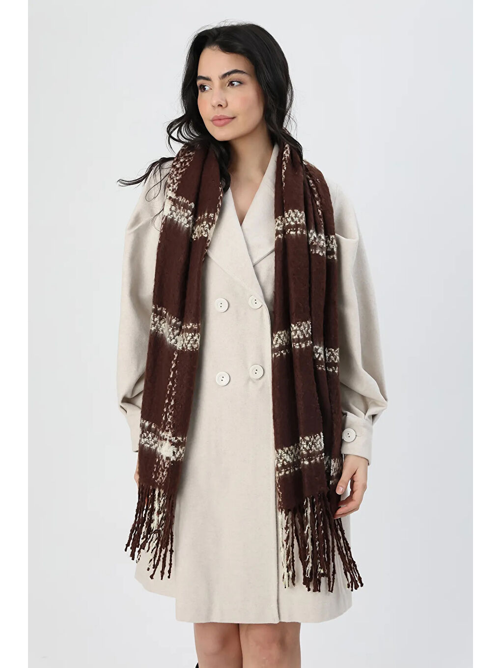 Ekose Desenli Atkı Omuz Şalı 45x200 cm 1294 Kahverengi-1