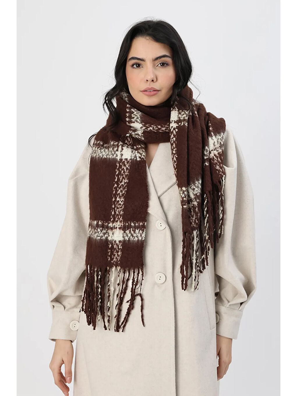 Ekose Desenli Atkı Omuz Şalı 45x200 cm 1294 Kahverengi-2