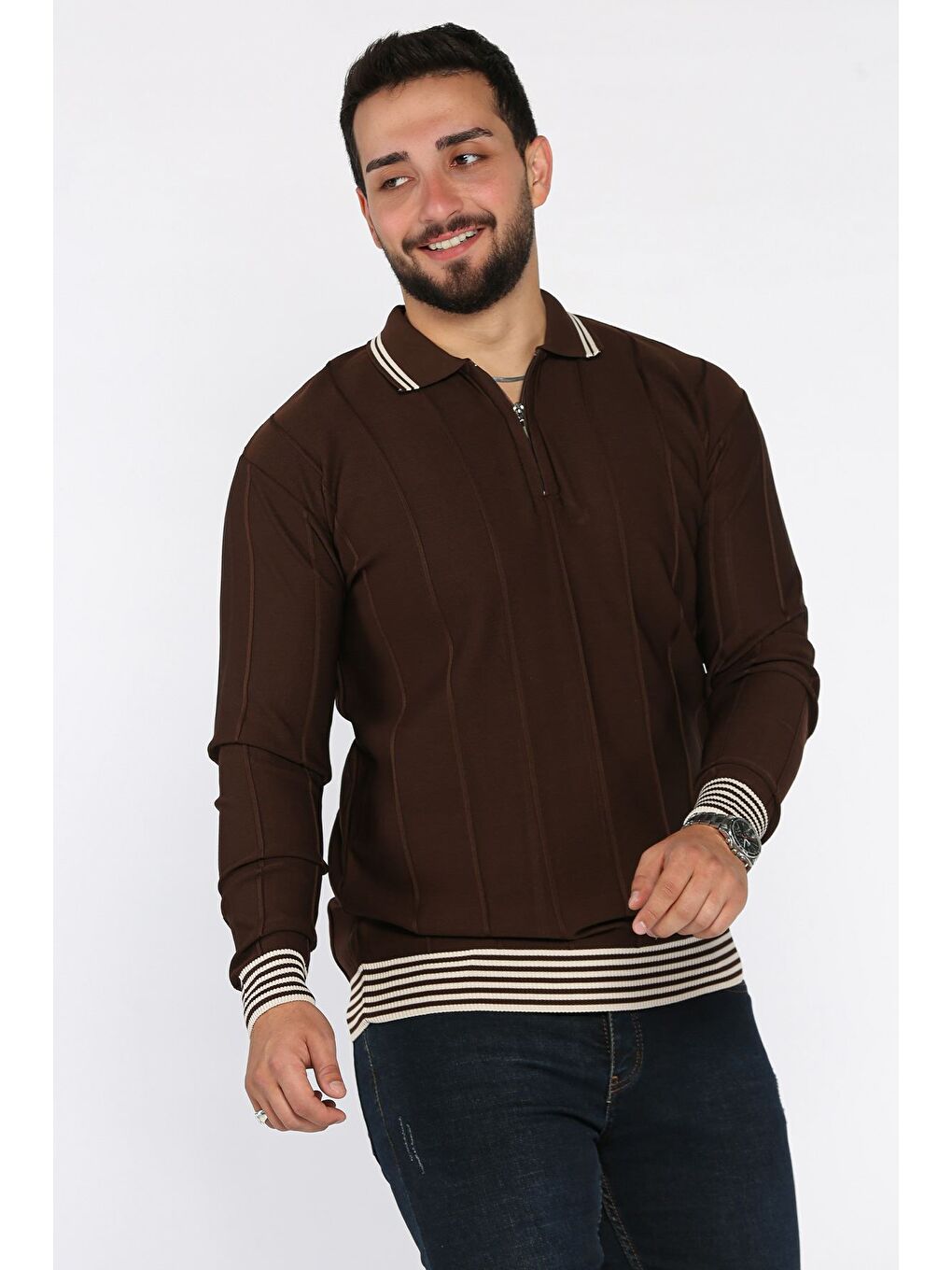 Kahverengi Erkek Yarım Fermuarlı Polo Yaka Triko Kazak