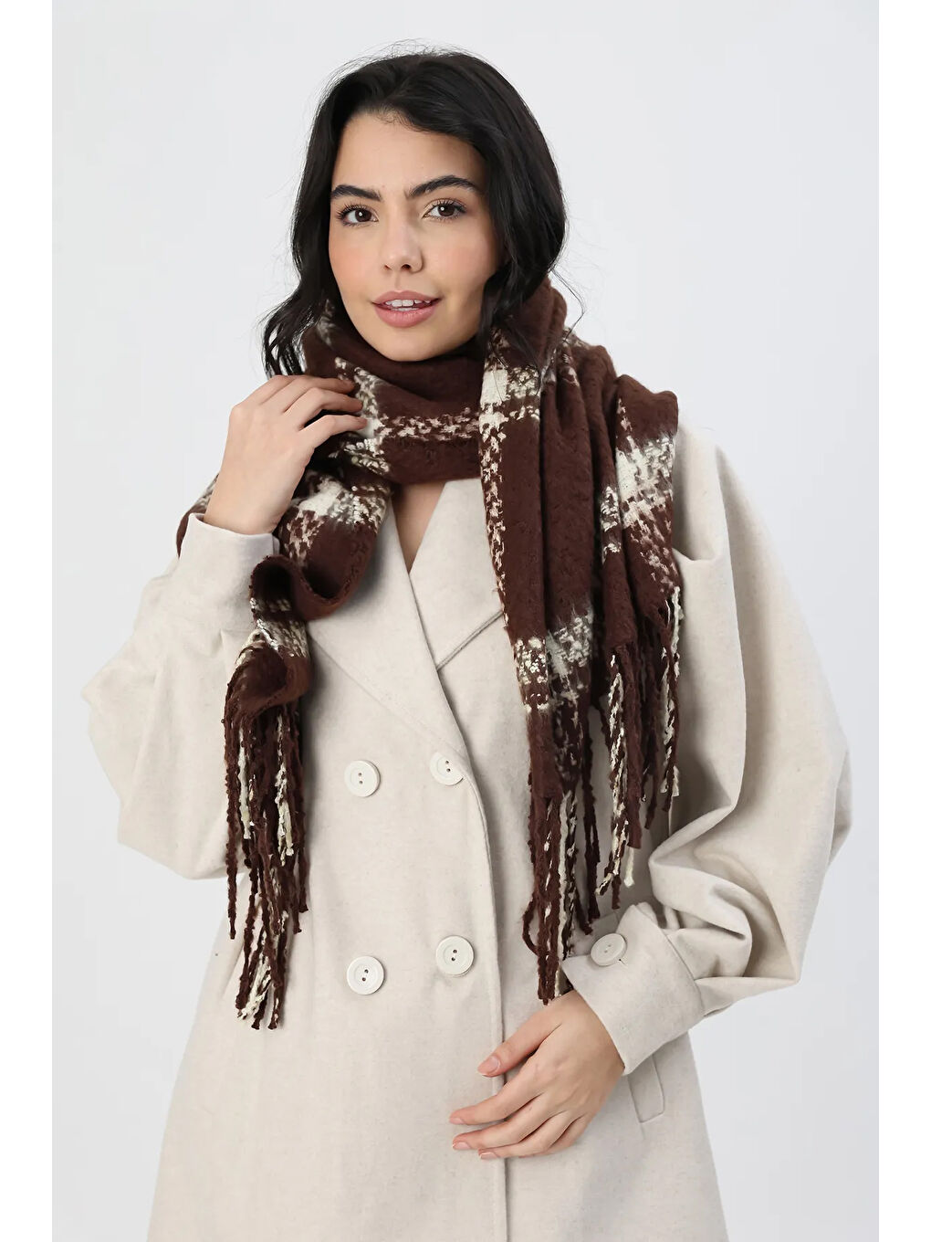 Ekose Desenli Atkı Omuz Şalı 45x200 cm 1294 Kahverengi-3