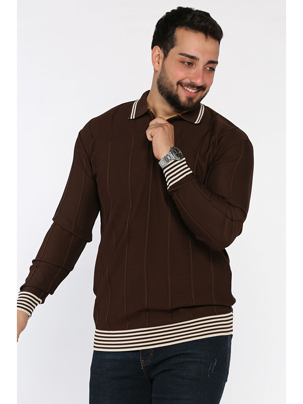 Kahverengi Erkek Yarım Fermuarlı Polo Yaka Triko Kazak-1