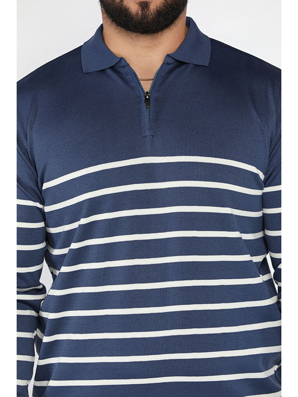 İndigo Erkek Polo Yaka Yarım Fermuarlı Çizgi Desenli Triko Kazak-3