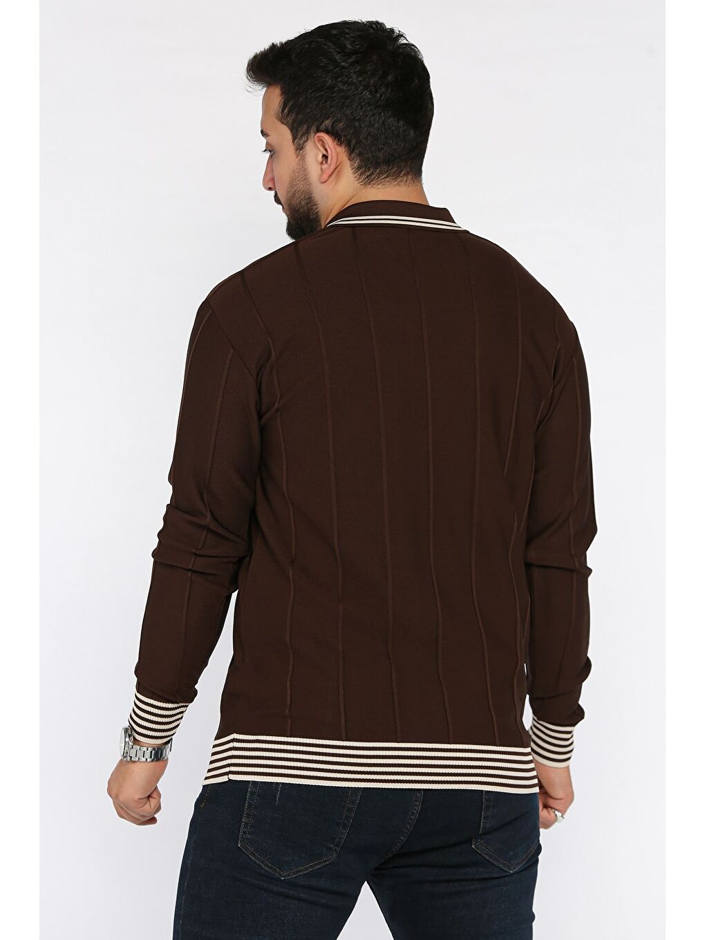 Kahverengi Erkek Yarım Fermuarlı Polo Yaka Triko Kazak-2