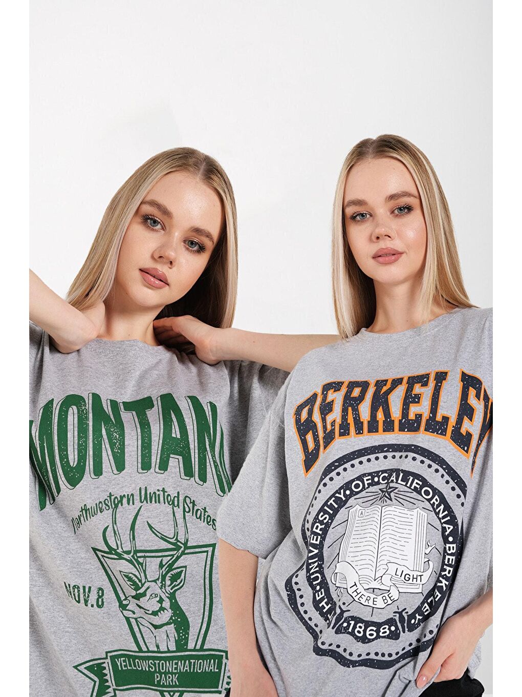 Trendseninle Gri Kadın 2'li Set Oversize Baskılı Tişört Berkeley+montana - 2