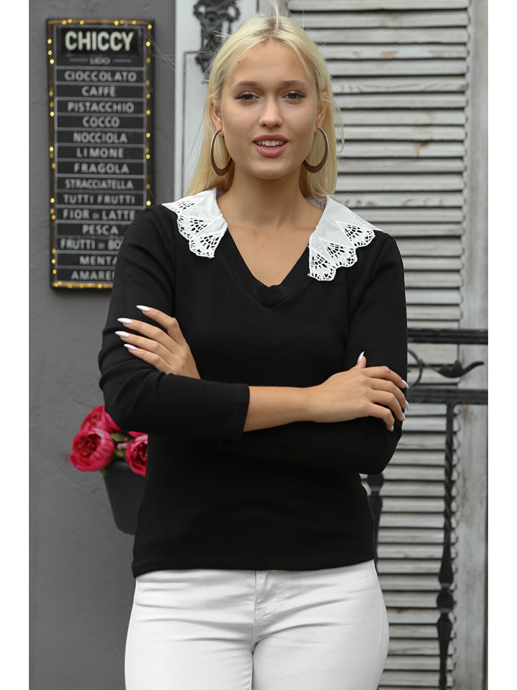 Kadın Siyah Bebe Yaka Uzun Kol Brodeli Regular Standart Viskoz Örme Bluz