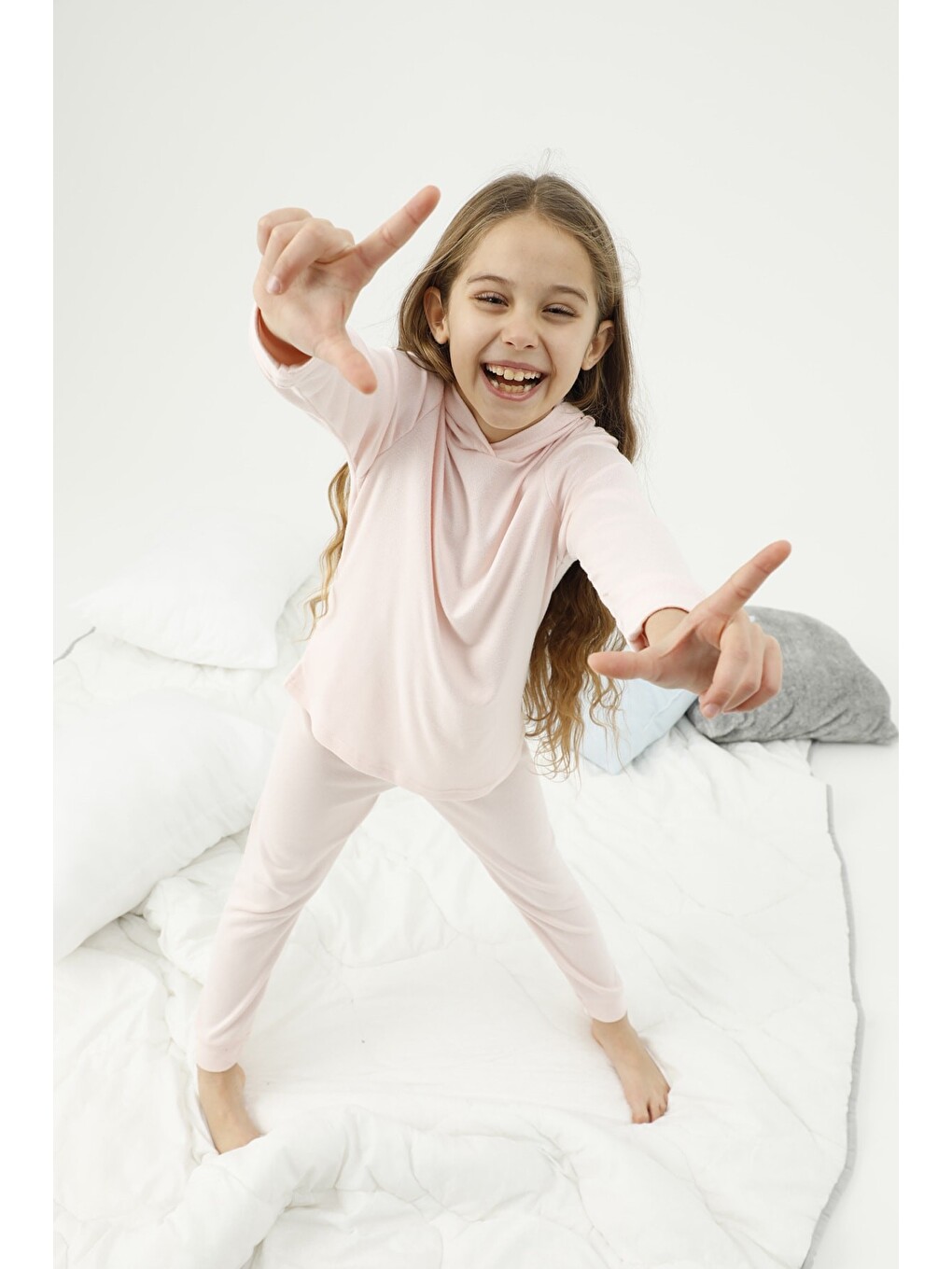 Pembe Kapüşonlu Alt-üst Polar Pijama Takım-1