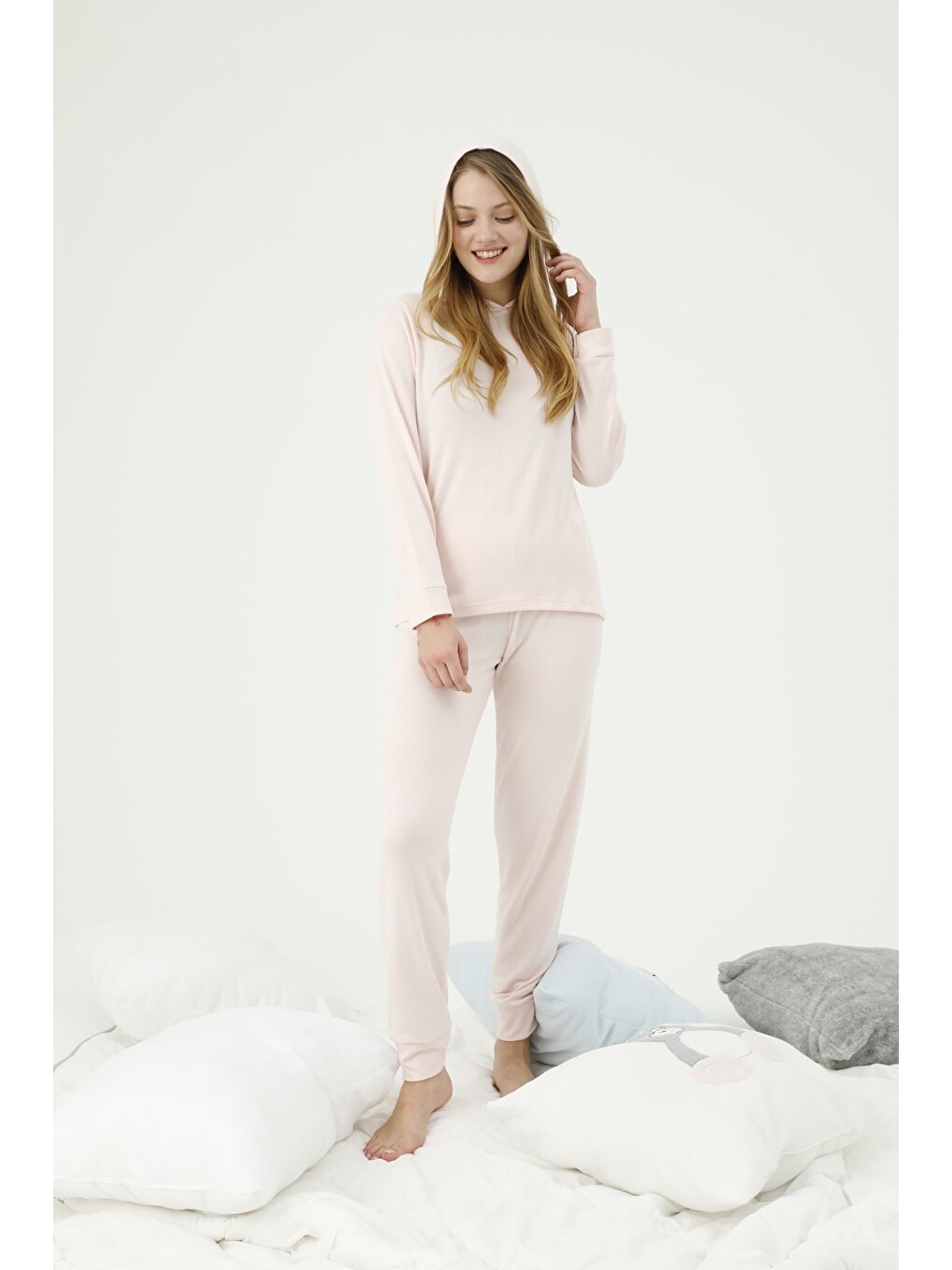 Pembe Kapüşonlu Alt-üst Polar Pijama Takım-3