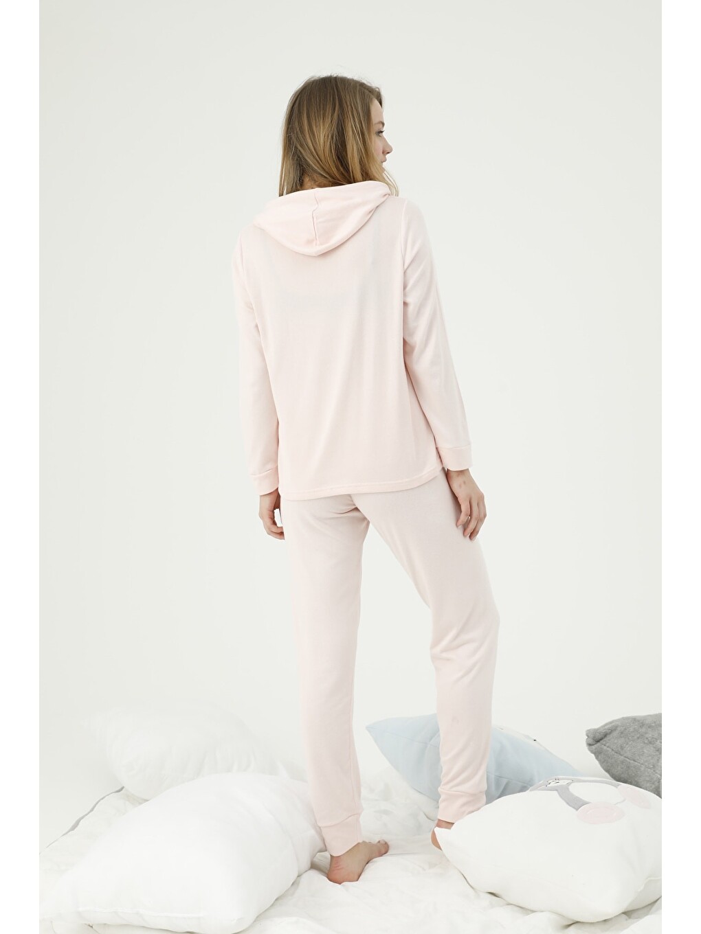 Pembe Kapüşonlu Alt-üst Polar Pijama Takım-4
