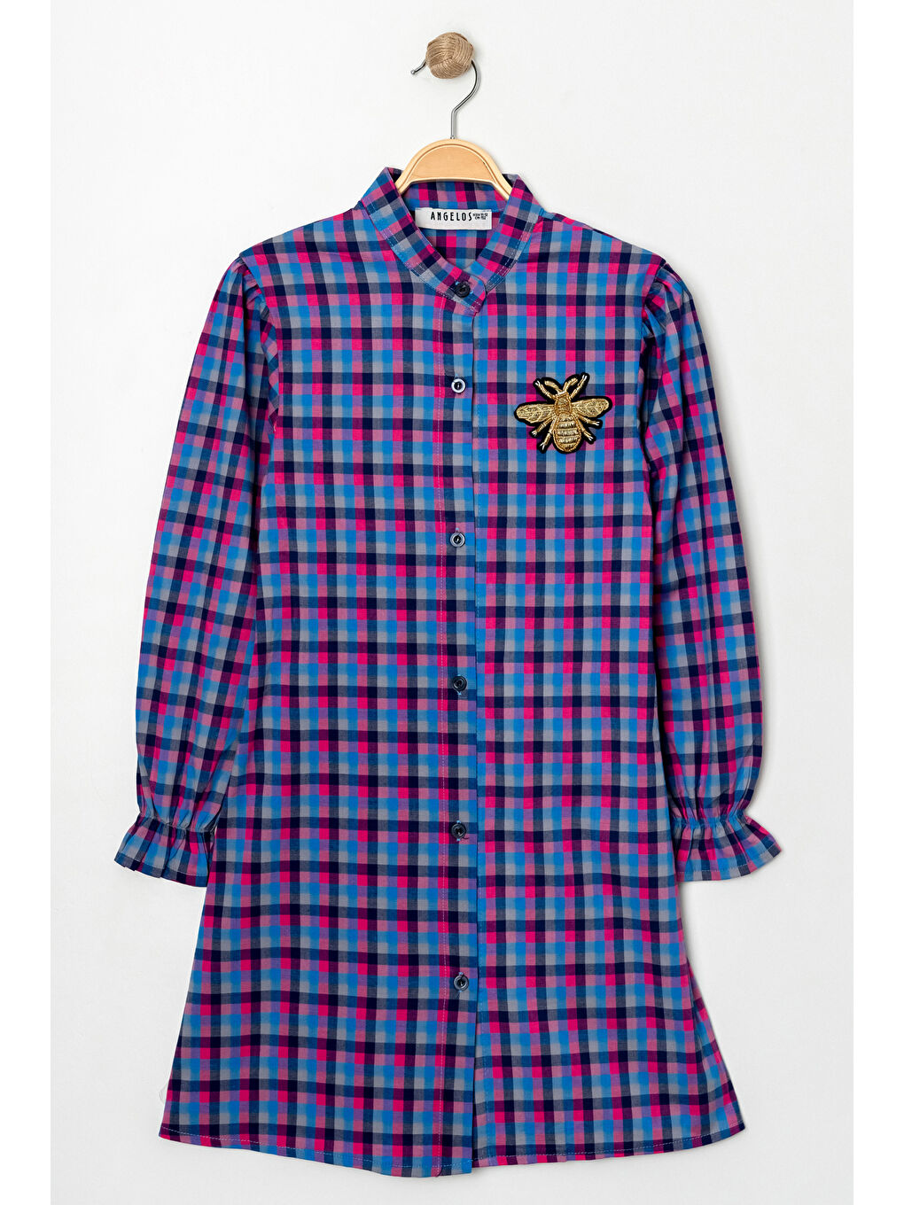 Mor Kız Çocuk Broş Nakış Detaylı Ekose Desenli Elbise P1001