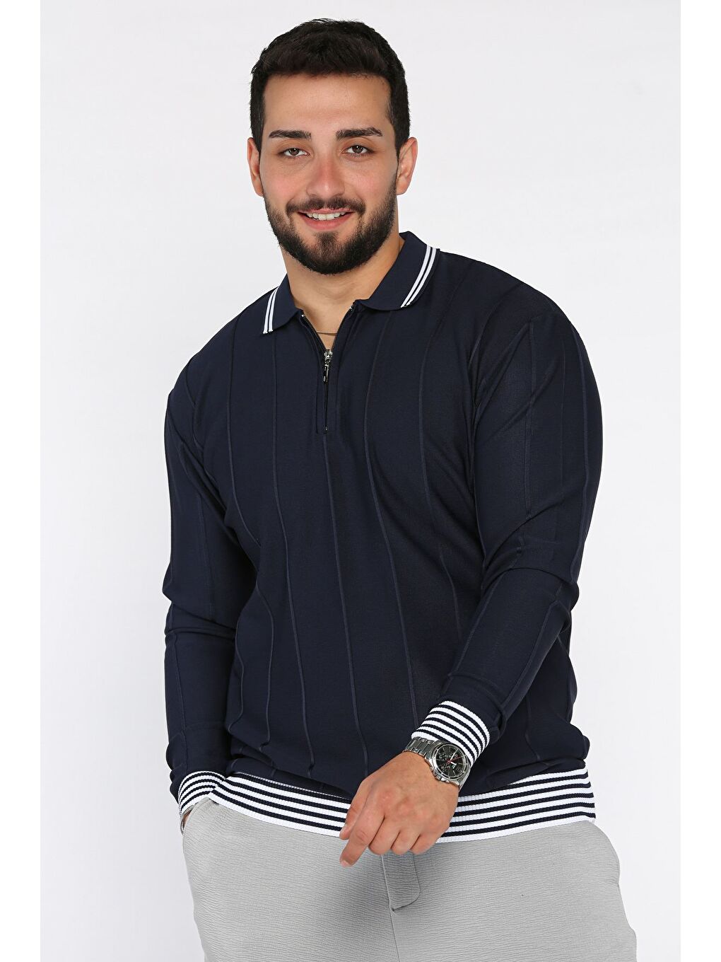 Lacivert Erkek Yarım Fermuarlı Polo Yaka Triko Kazak