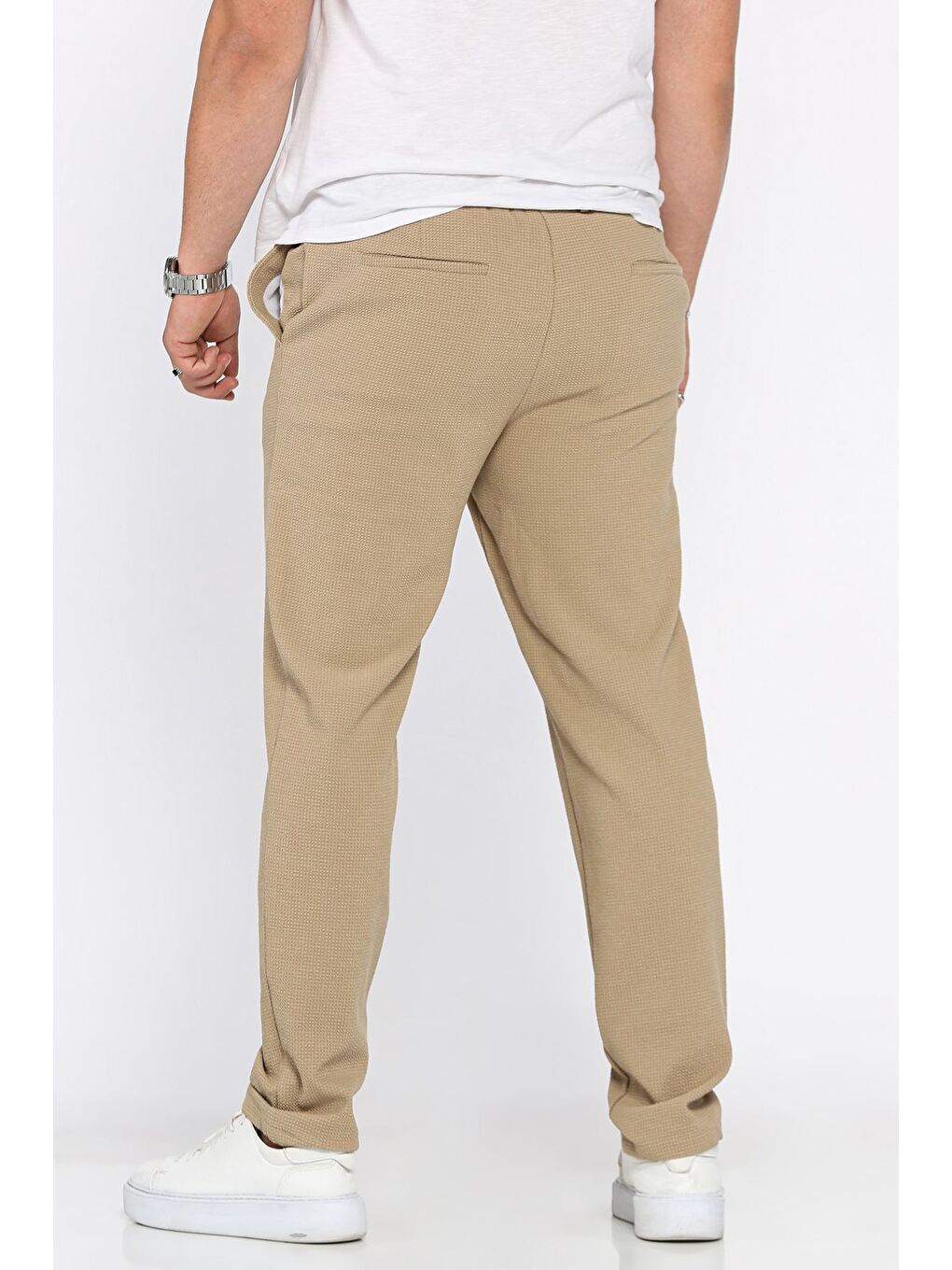 Bej Bel Lastikli Kendinden Desenli Jogger Pantolon-2