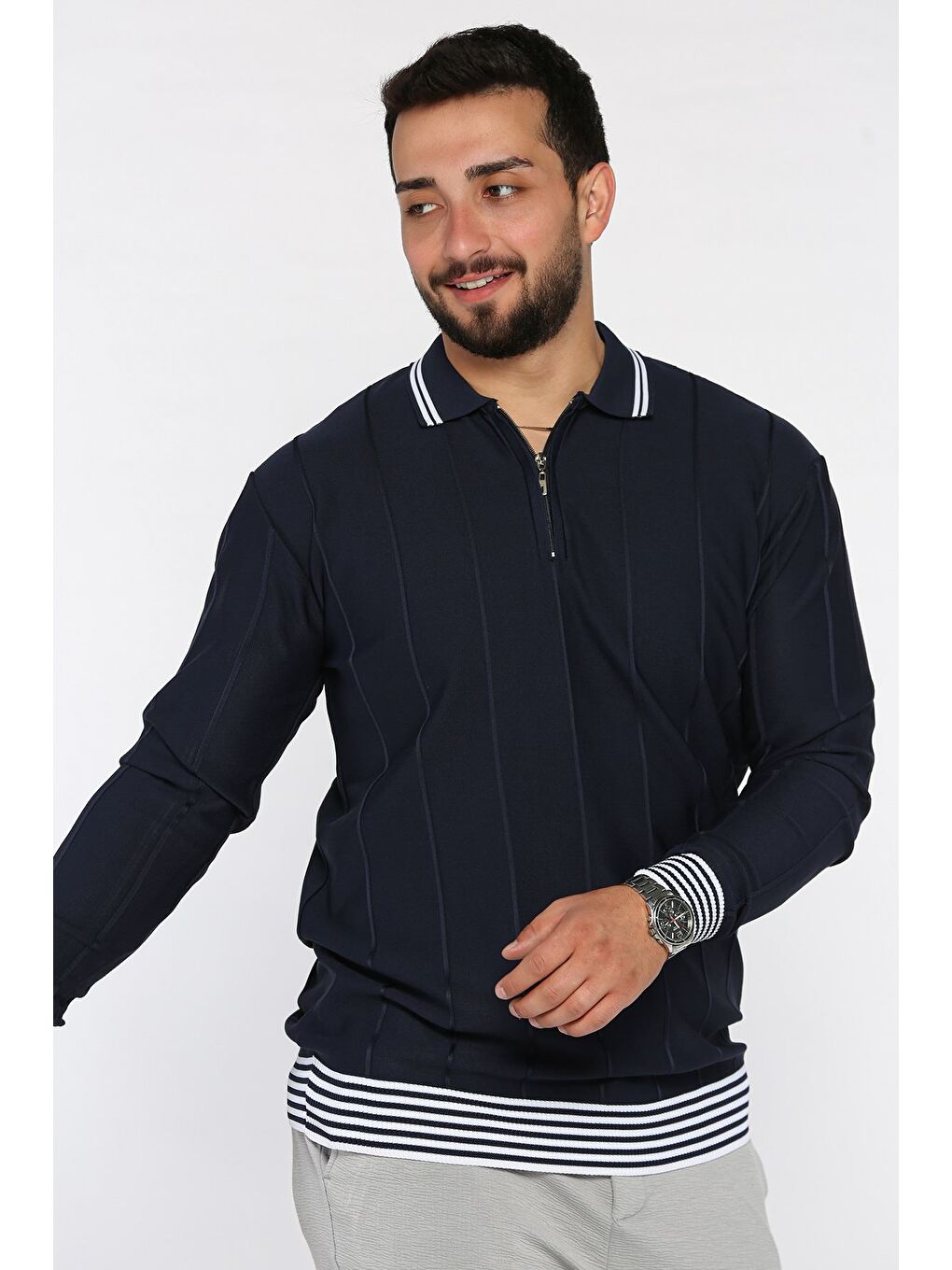 Lacivert Erkek Yarım Fermuarlı Polo Yaka Triko Kazak-1