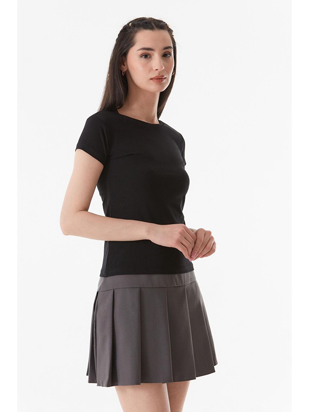 Siyah Basic Bisiklet Yaka Tişört-1