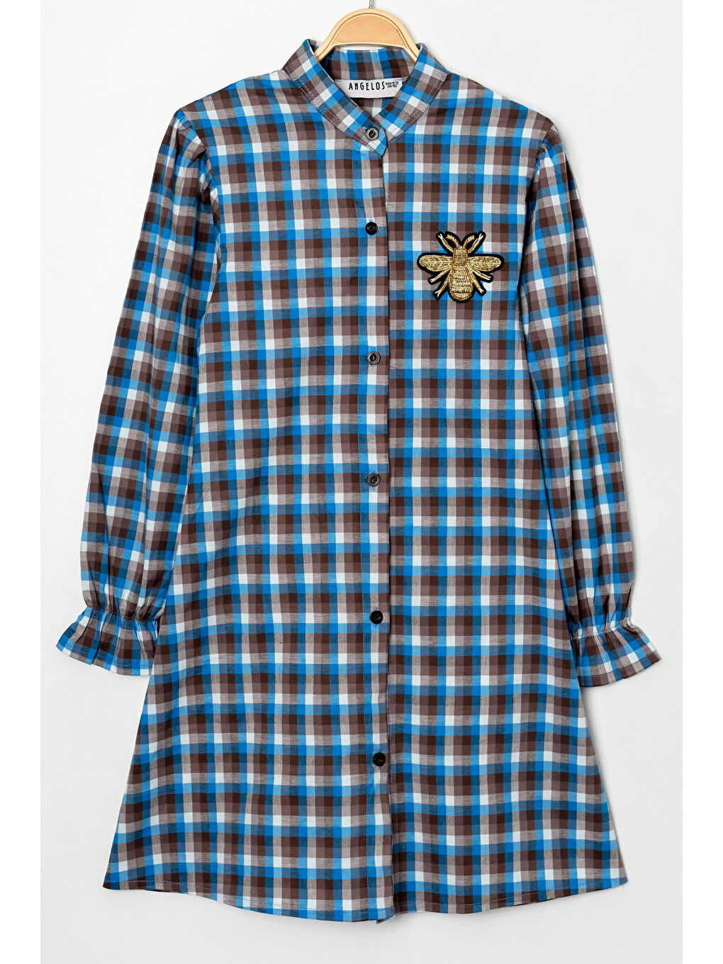 Lacivert Kız Çocuk Broş Nakış Detaylı Ekose Desenli Elbise P1001