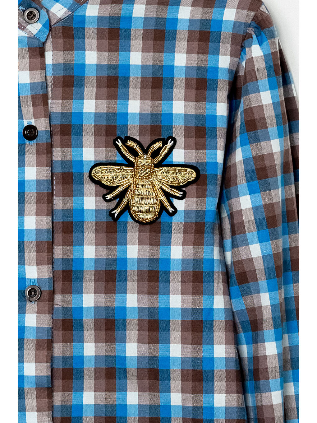 Lacivert Kız Çocuk Broş Nakış Detaylı Ekose Desenli Elbise P1001-1