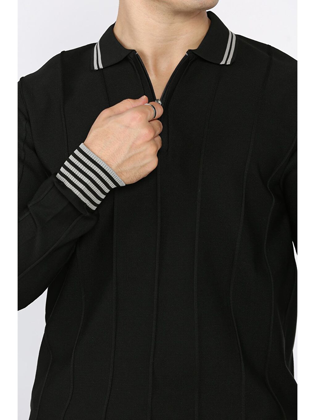 Siyah Erkek Yarım Fermuarlı Polo Yaka Triko Kazak-3