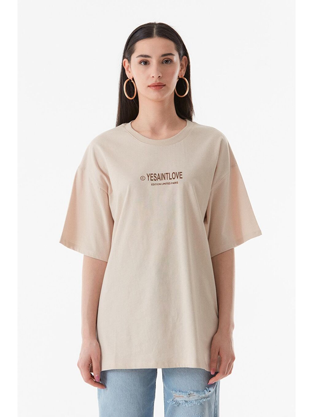 Bej Önü Ve Arkası Baskılı Oversize Tişört