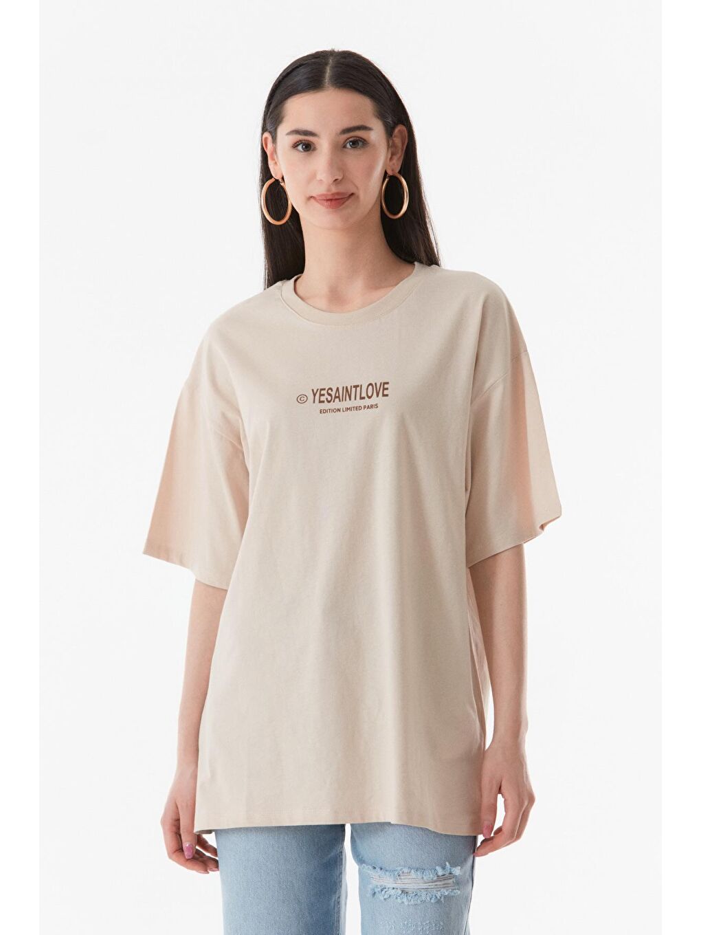 Bej Önü Ve Arkası Baskılı Oversize Tişört-1