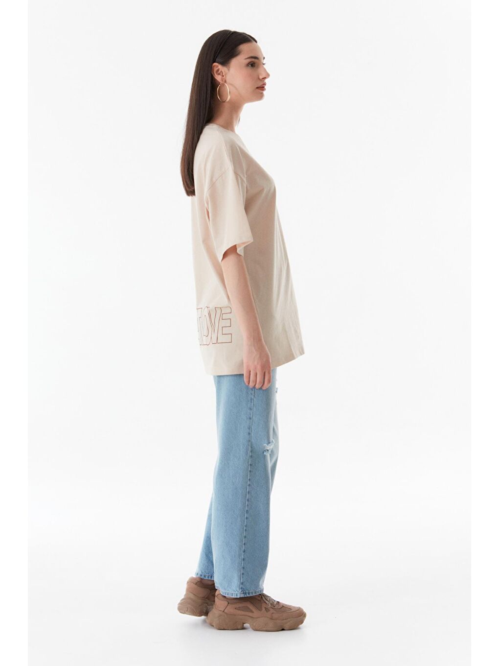 Bej Önü Ve Arkası Baskılı Oversize Tişört-3