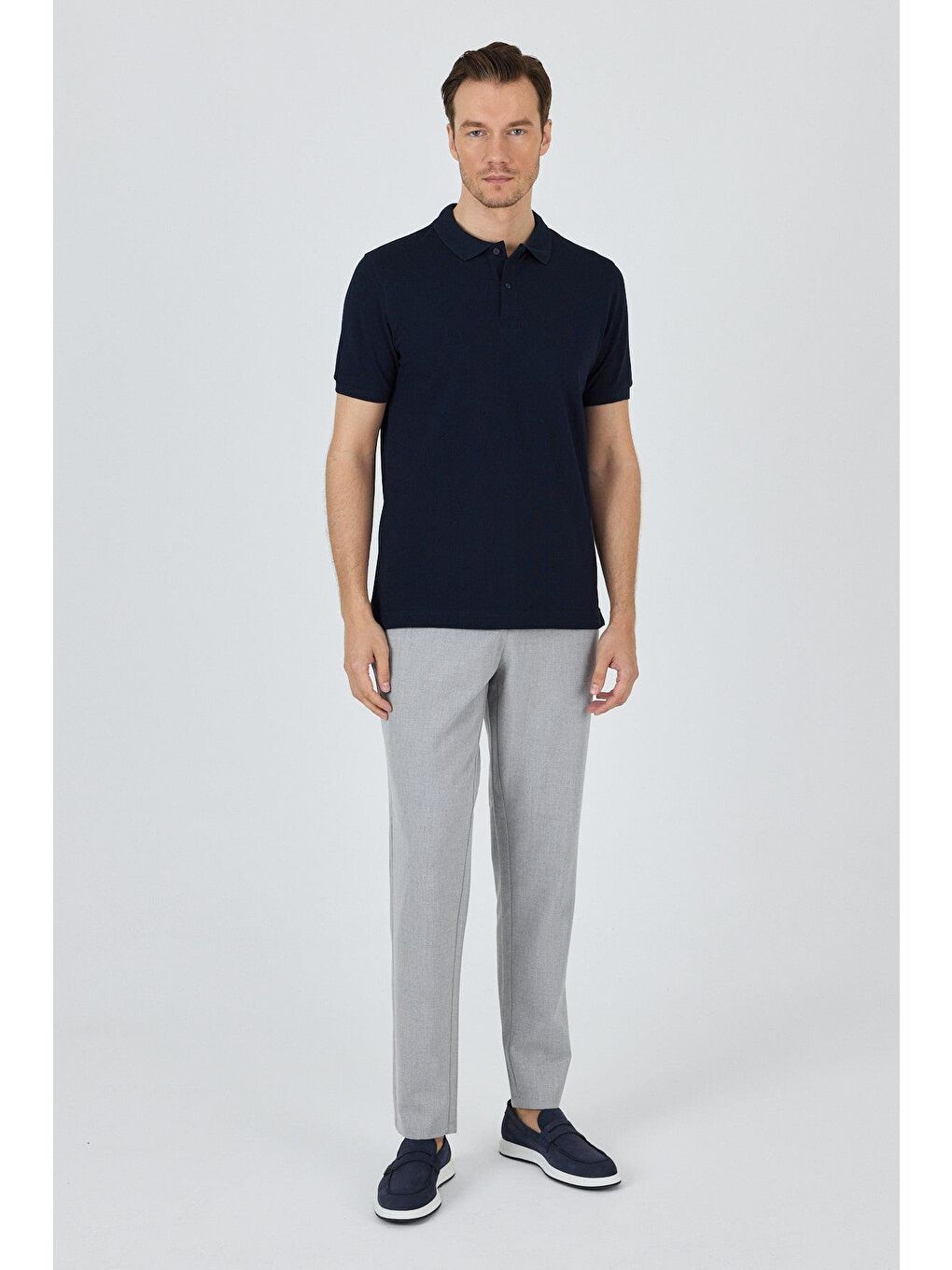 Koyu Lacivert Polo Yaka Kısa Kol Cepsiz Slim Fit Classic Pamuklu Tişört 1011250177-1