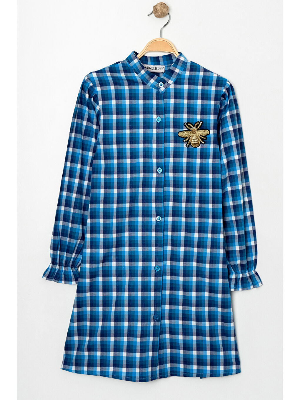 İndigo Kız Çocuk Broş Nakış Detaylı Ekose Desenli Elbise P1001