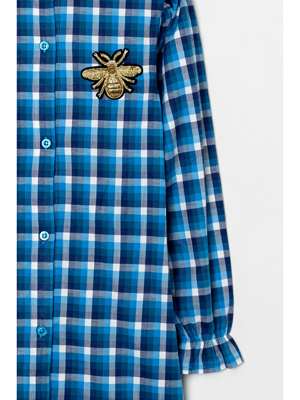 İndigo Kız Çocuk Broş Nakış Detaylı Ekose Desenli Elbise P1001-1