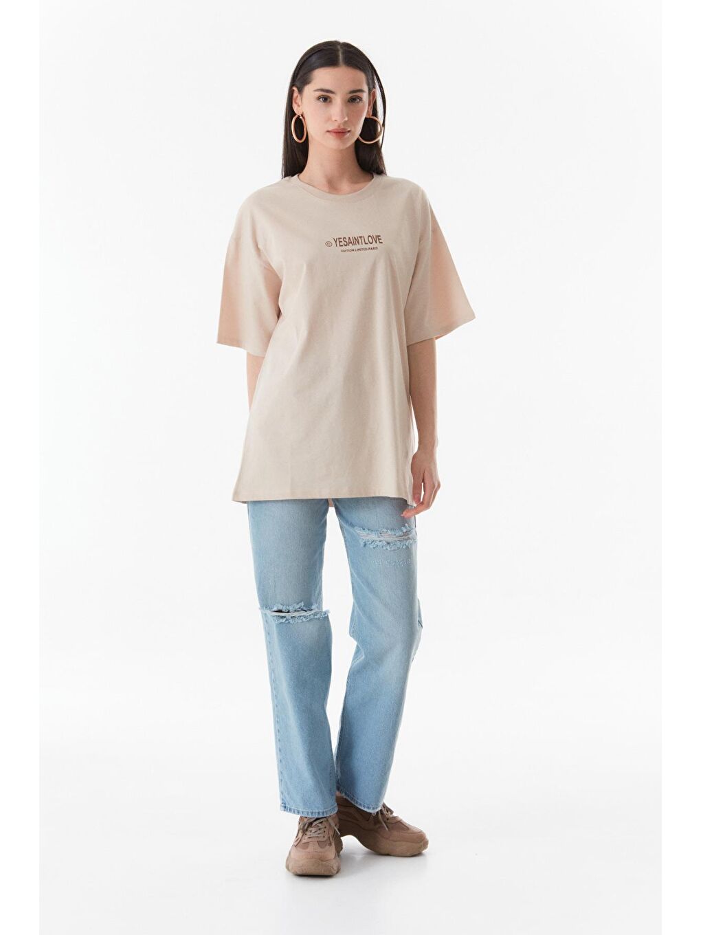 Bej Önü Ve Arkası Baskılı Oversize Tişört-4