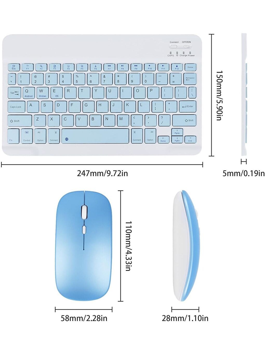 Technow Mavi-Siyah-Beyaz IPad Tüm Tabletler Laptop Uyumlu Bluetooth/Usb Bağlantılı Klavye+Mouse Set Mavi - 7