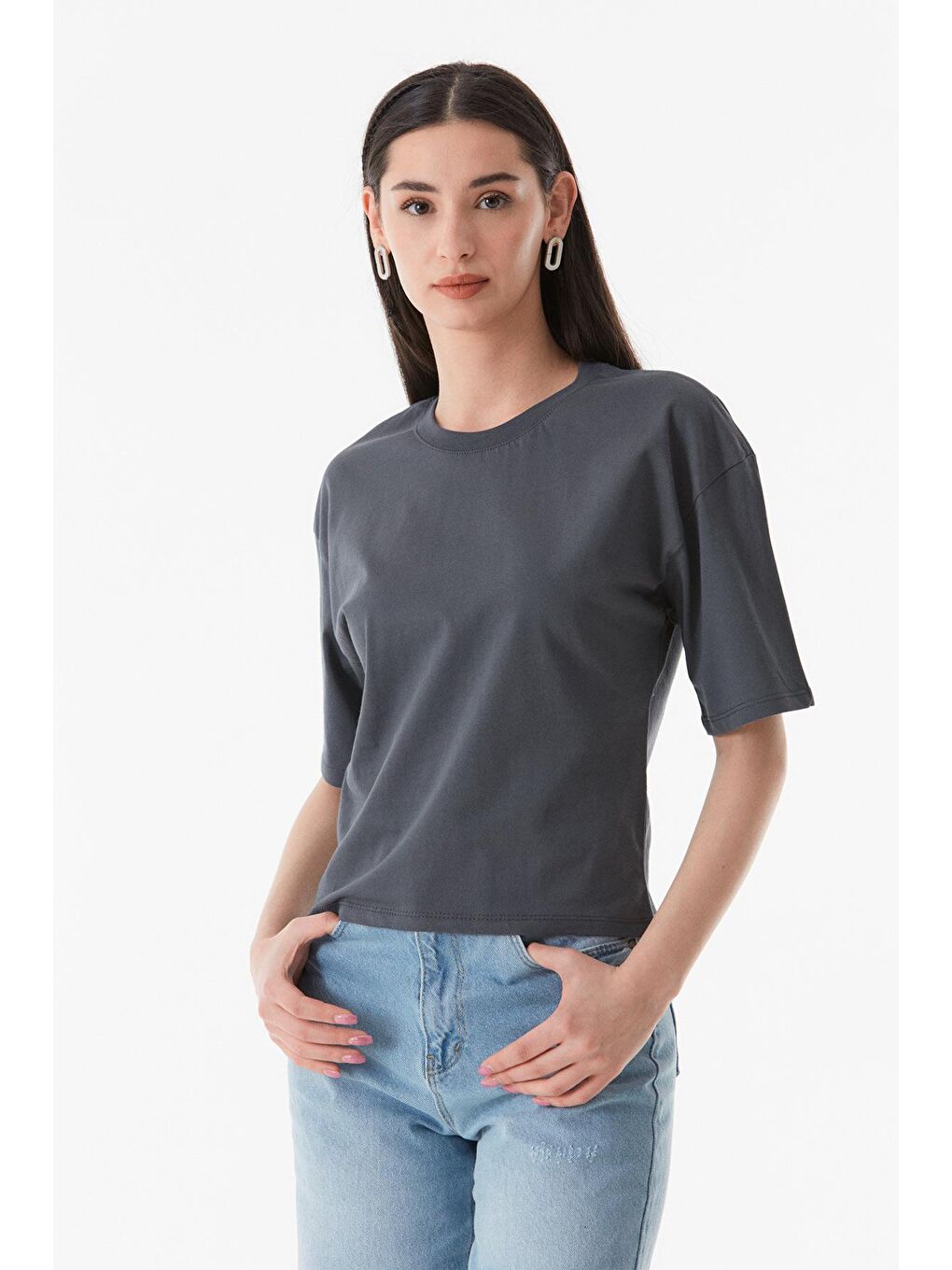 Antrasit Basic Bisiklet Yaka Oversize Tişört-1