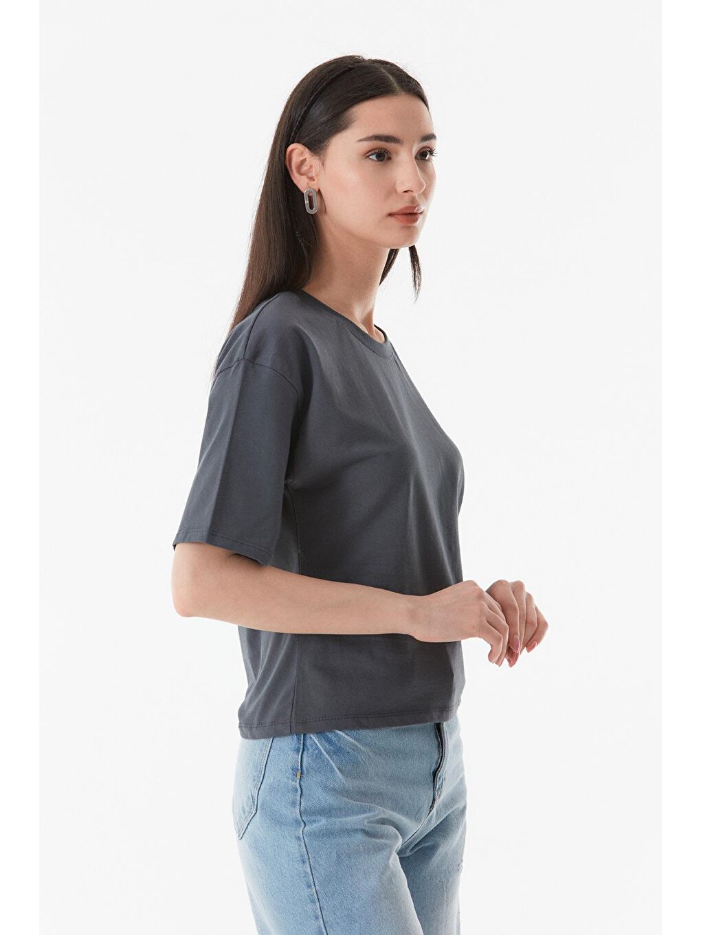 Antrasit Basic Bisiklet Yaka Oversize Tişört-4